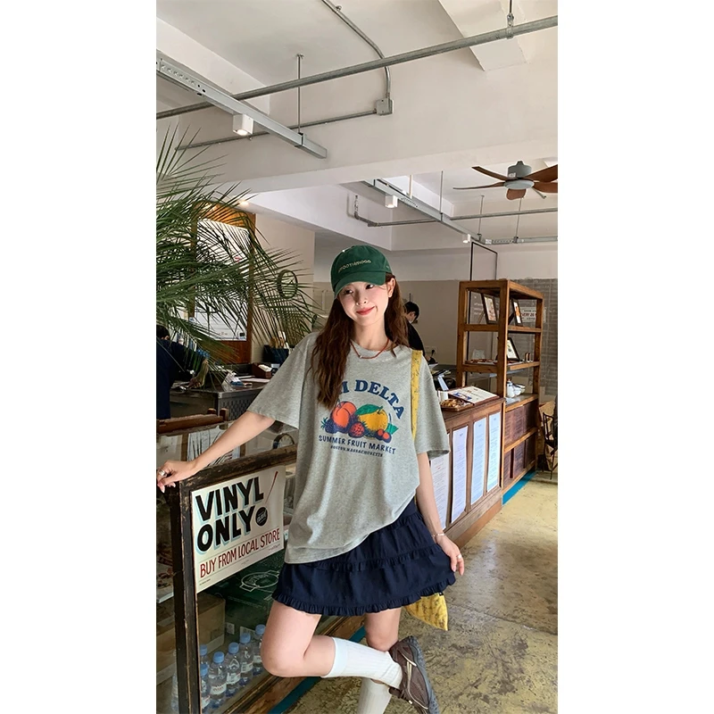 RAINY宽松夏日感水果字母印花T恤夏季女百搭2025新款圆领短袖上衣