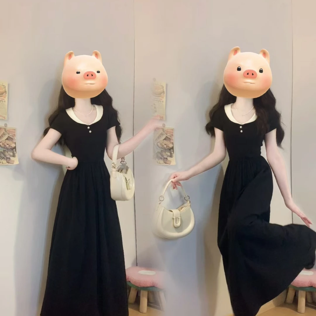 实拍大码夏季新款裙子女黑色翻领短袖连衣裙