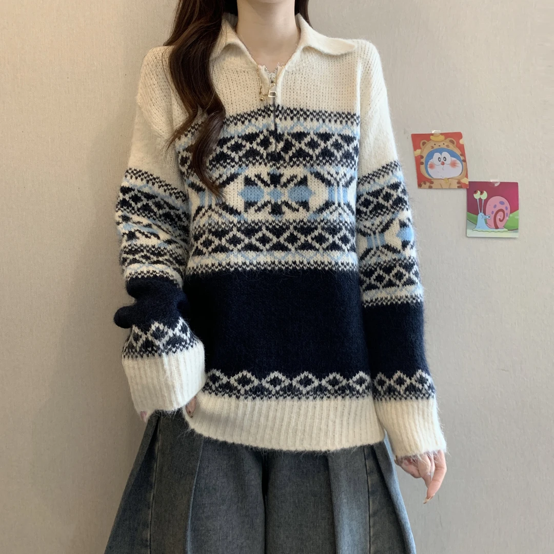 复古费尔岛提花翻领毛衣上衣冬季2025新款大码女装胖mm宽松针织衫