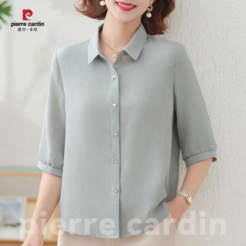 皮尔卡丹时尚妈妈夏装2025新款中袖衬衫衣服中老年女夏季薄款翻领