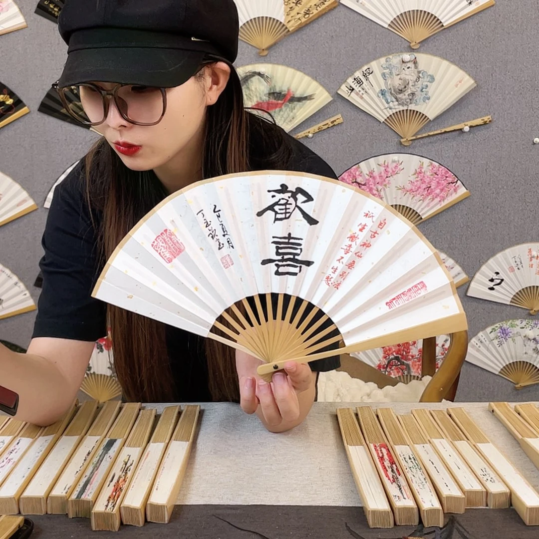 国画6寸玉竹-纯手绘-文玩扇骨（默认粘好）