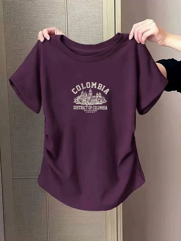 短袖t恤女设计感圆领体恤上衣纯色印花褶皱新款夏季修身收腰别致