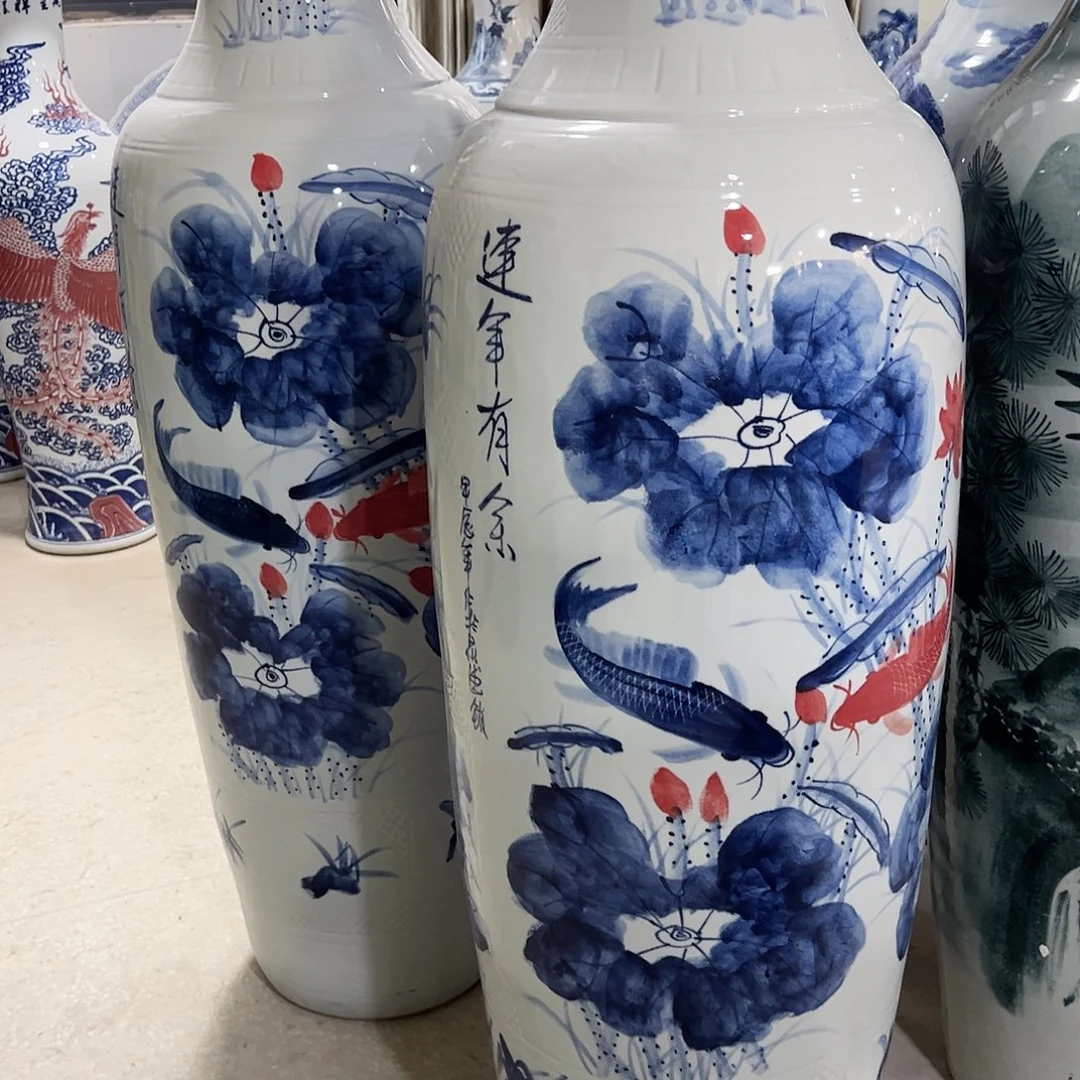 丹***青景德镇陶瓷大花瓶一米六一对
