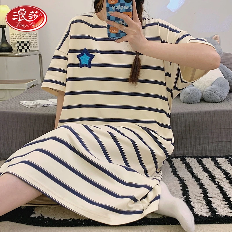 浪莎卡通睡衣女款7A抗菌防螨100%纯棉短袖睡裙女夏季大码宽松可爱