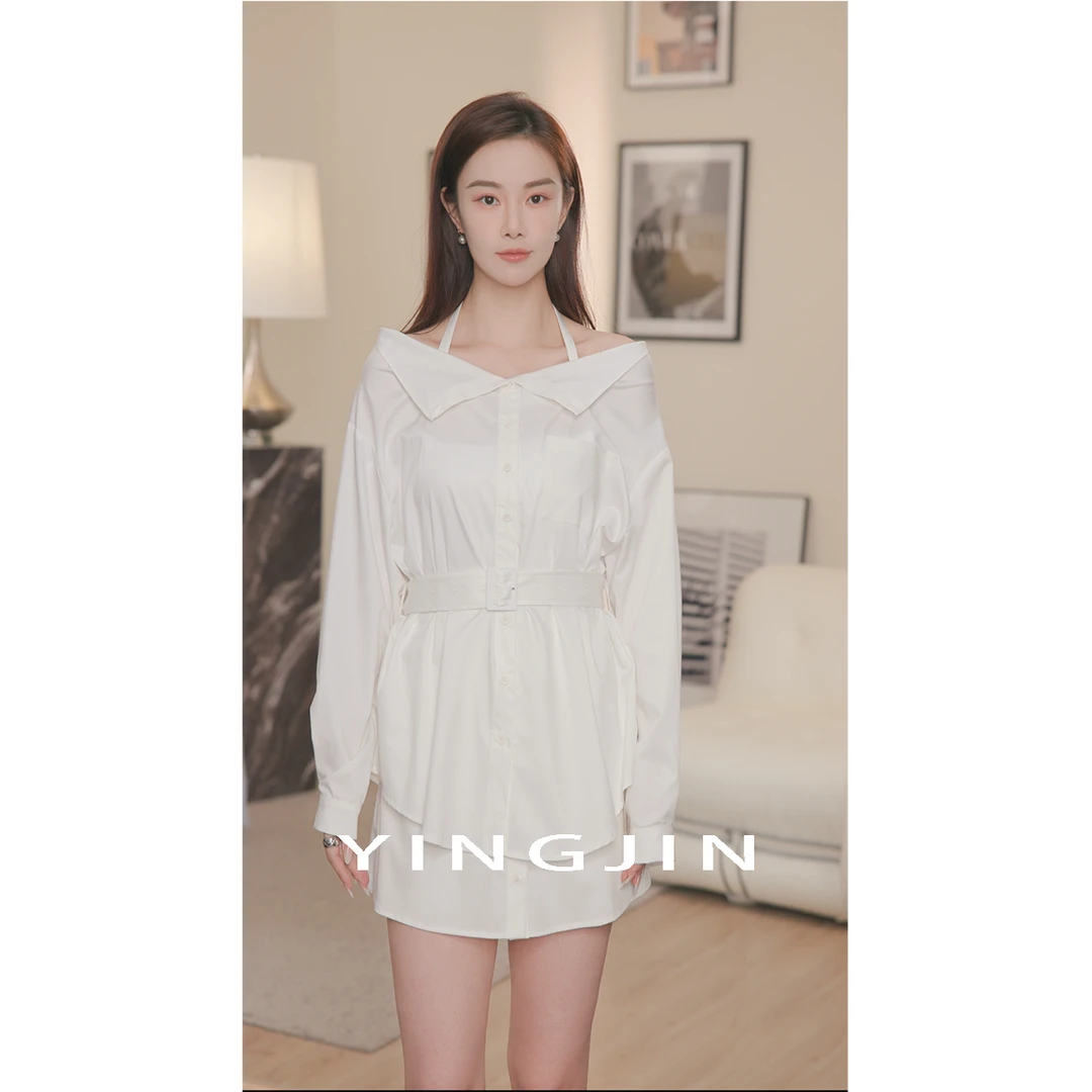 【YINGJIN】挂脖翻领白色衬衣