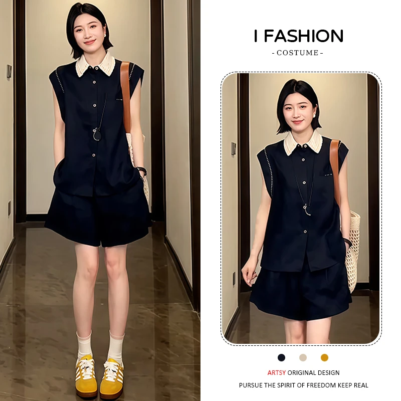 小个子时尚套装女2025年夏季新款设计感翻领无袖上衣短裤两件套潮