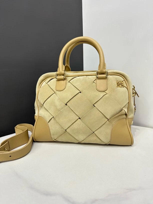95新 LOEWE/罗意威 麂皮编织波士顿包27cm/0985012001