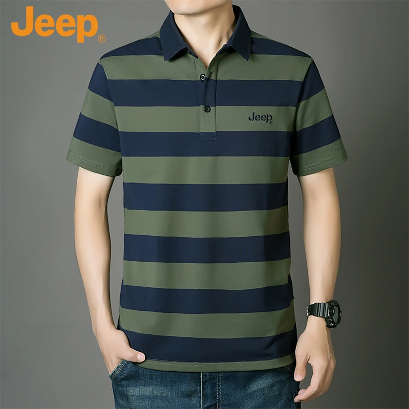 JEEP吉普男装短袖T恤夏季新款条纹翻领大码商务休闲polo衫