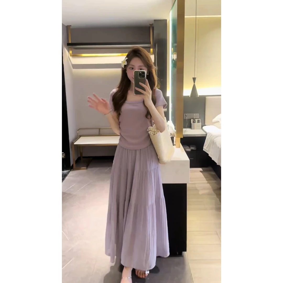 夏季穿搭一整套女装2025新款短袖淡紫色修身上衣修身显瘦半身裙子