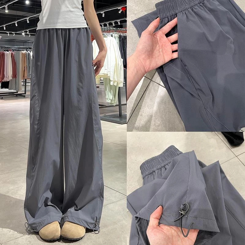 灰色速干工装裤女夏季薄款2025新款高腰显瘦休闲小个子直筒阔腿裤