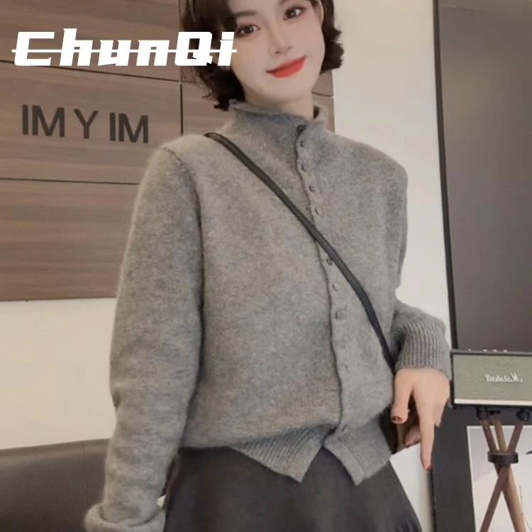 淳启时尚洋派百搭半高领保暖毛衣女款新款秋冬季慵懒针织开衫上衣