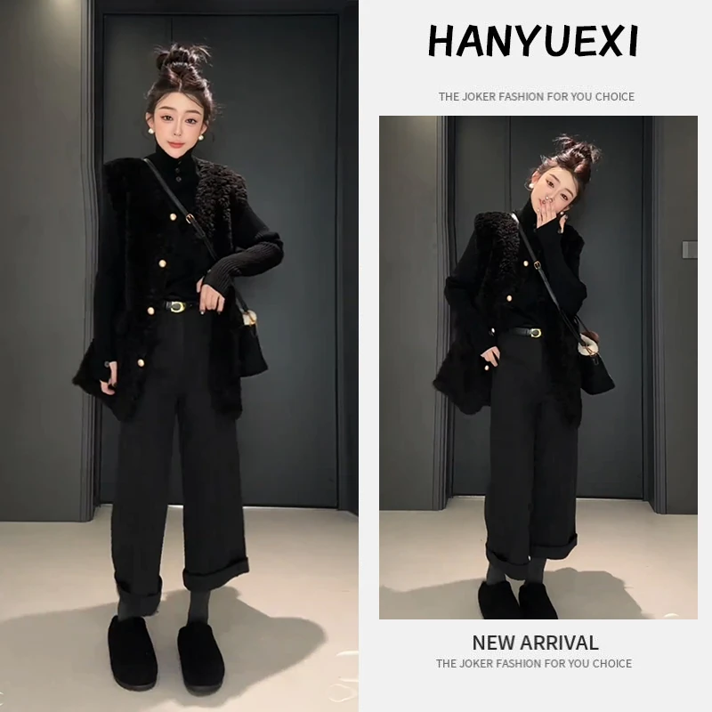 今年流行一整套女2025秋冬季新款韩版宽松马甲打底衫阔腿裤三件套