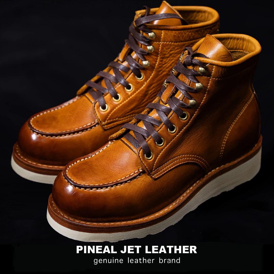 PJL豪松Vibram新款男士休闲001V驼美式复古厚底牛皮工装靴经典875