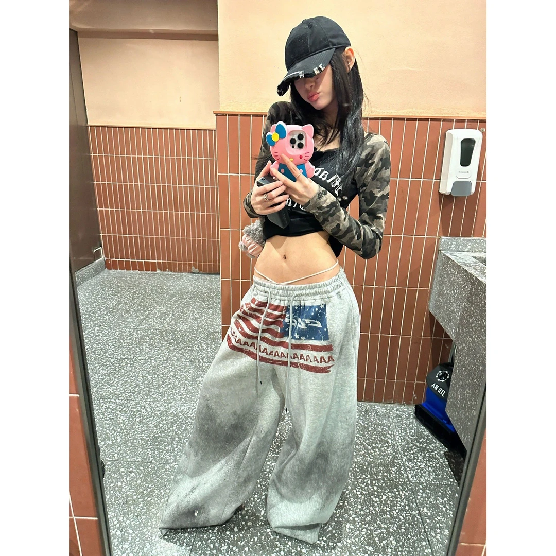 美式高街复古字母印花阔腿裤男女早秋新款宽松显瘦百搭休闲长裤