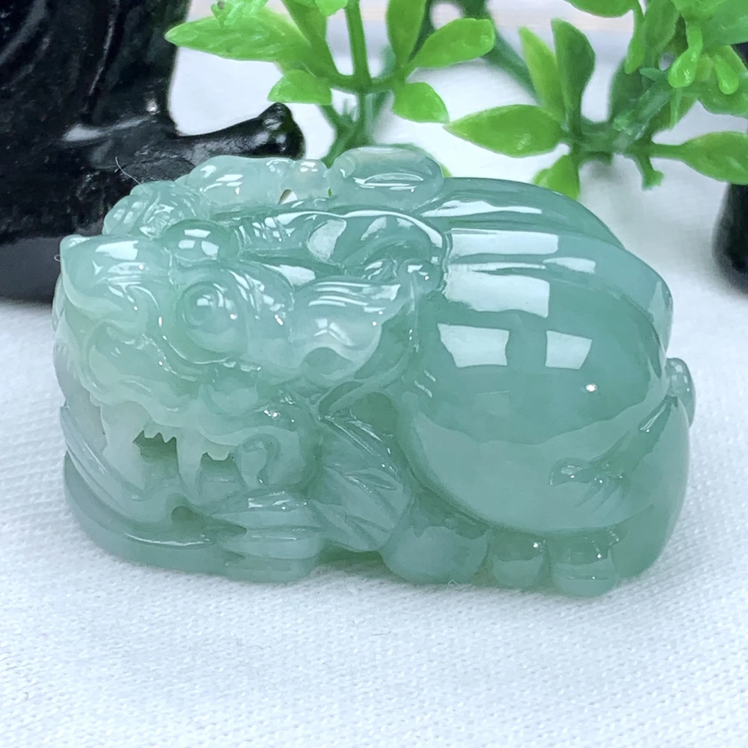 天然缅甸翡翠A货冰润满绿色金钱口含珠貔貅吊坠35.4−22.5−17.3mm