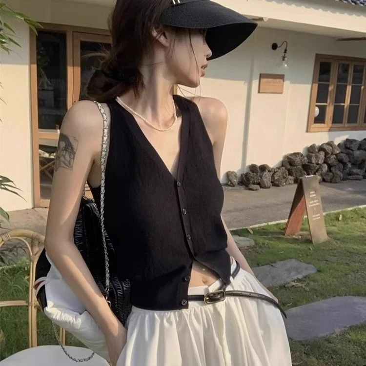 黑色v领内搭针织吊带背心马甲女春秋纯欲风无袖短款开衫上衣外穿