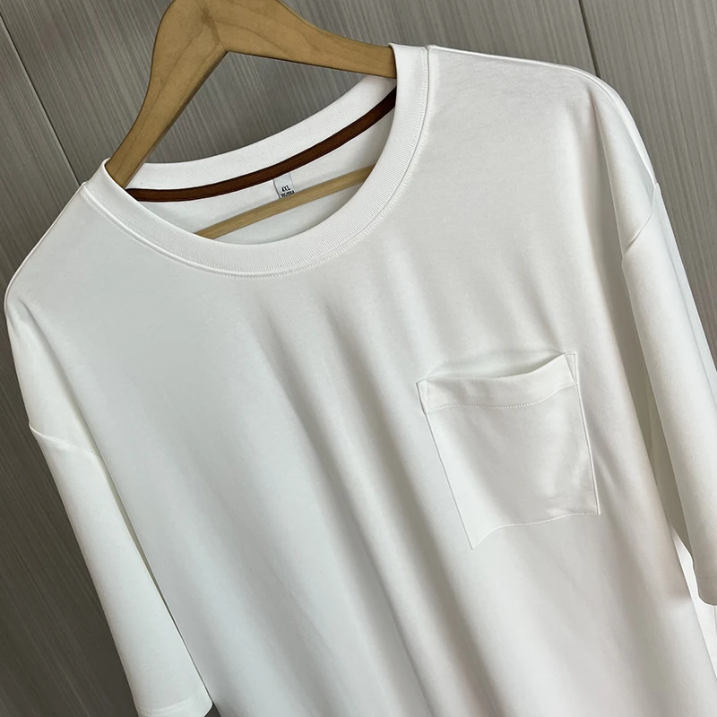 薄款宽松圆领短袖纯色T恤衫男休闲棉弹力凉感口袋体恤落肩打底衫