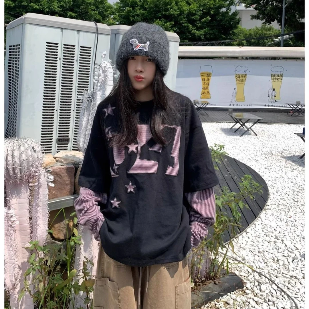 早秋新款慵懒风时尚假两件宽松长袖T恤特大码300斤印花韩版上衣潮