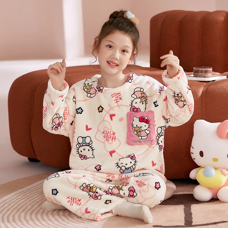 法兰绒加绒保暖儿童睡衣卡通KT猫中大童小女孩秋冬季珊瑚绒家居服