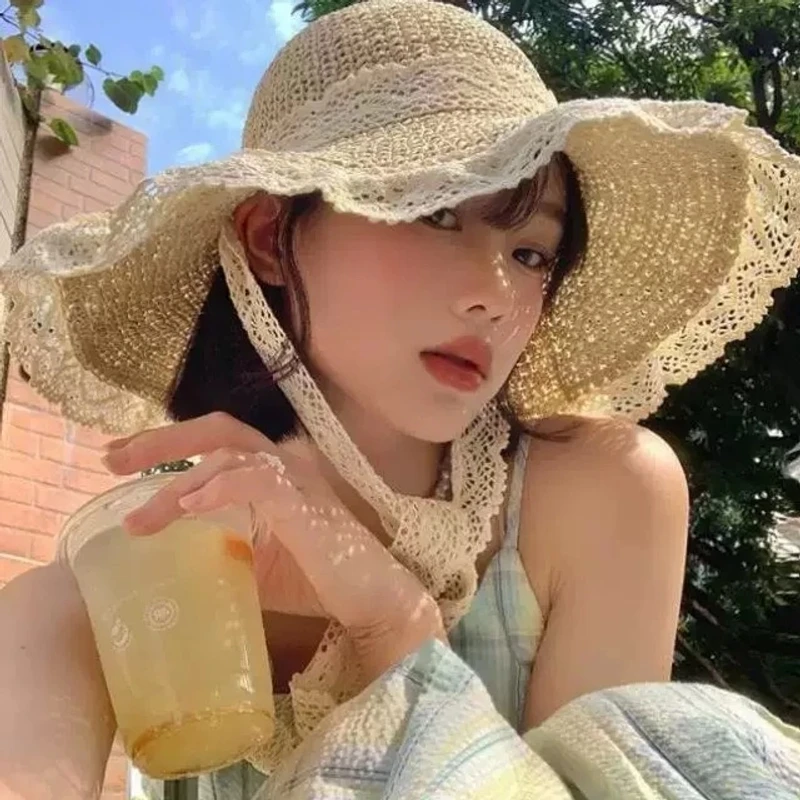 春夏新款法式草帽蕾丝花边防晒帽夏季海边沙滩遮阳帽居家日用