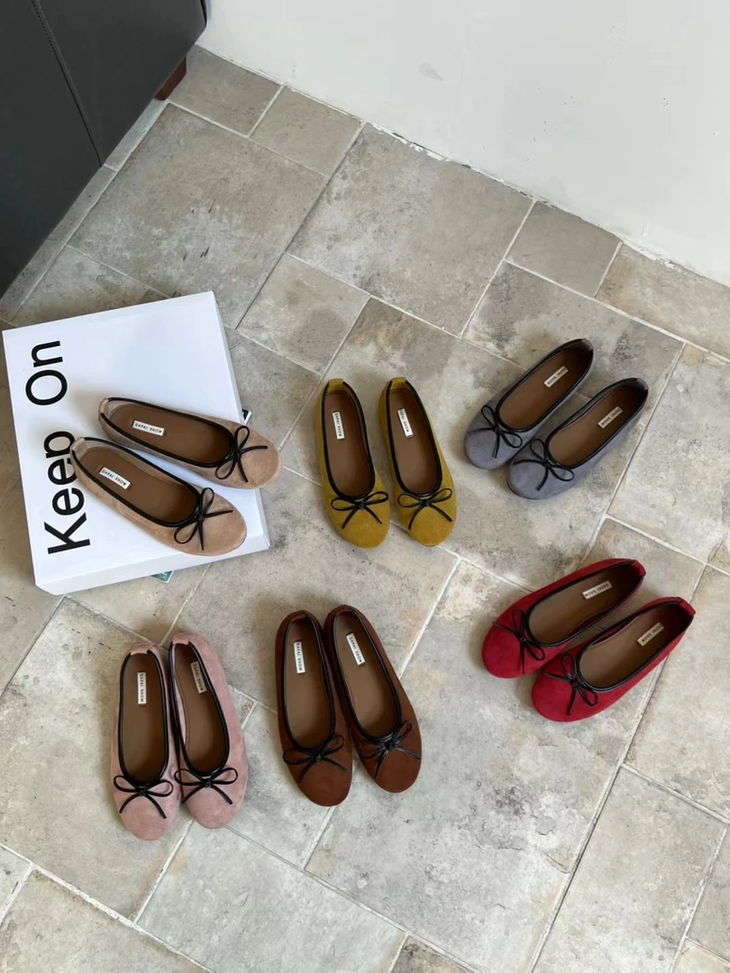 Q2025春季新款平底蝴蝶结绒面单鞋2025春夏气质奶奶鞋芭蕾舞鞋女