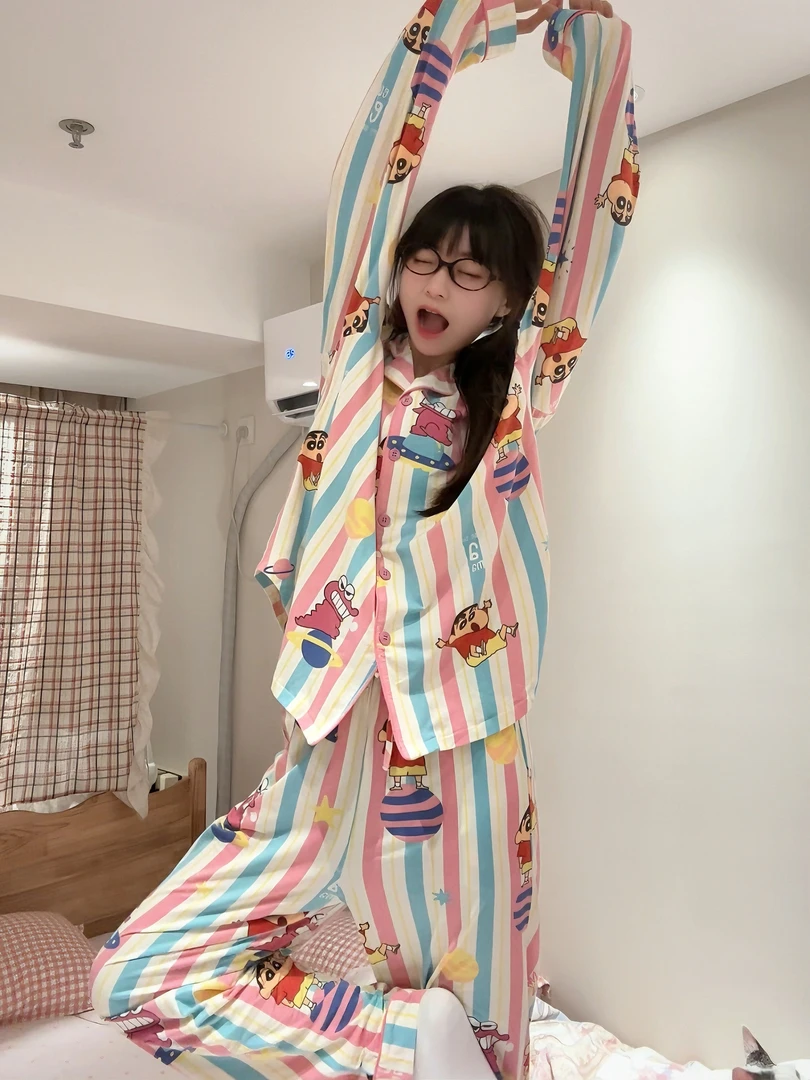 日系ins卡通可爱少女睡衣女春秋季长袖长裤新款家居服套装可外穿