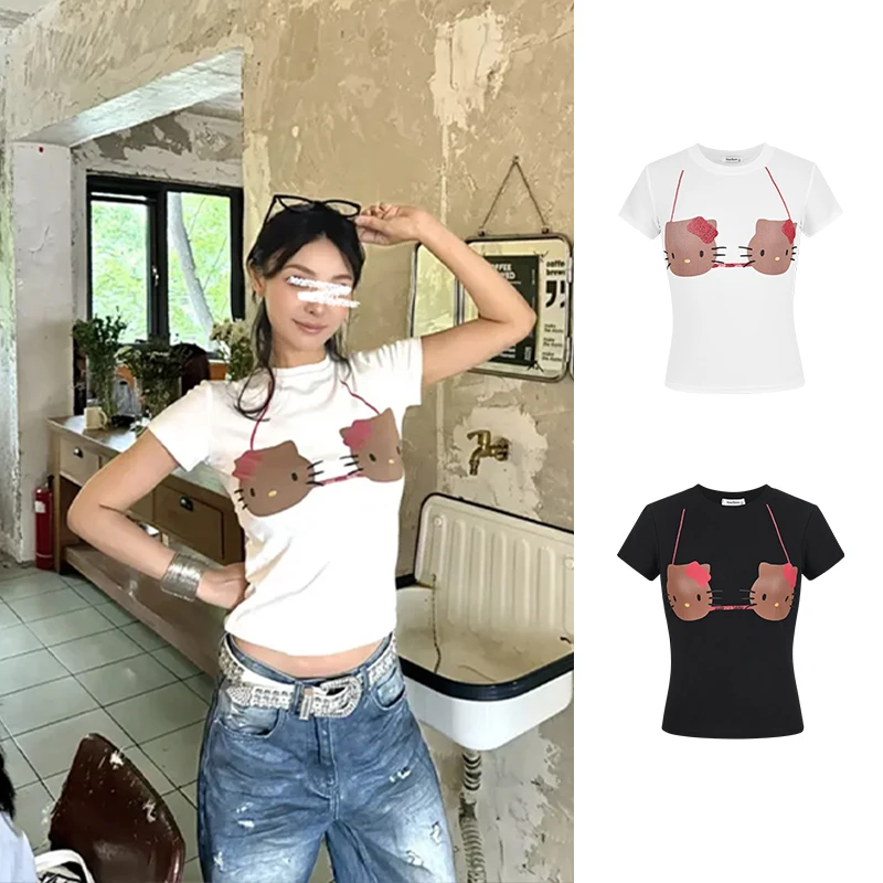 Moses Queen/魔西女王美式复古kitty猫短袖t恤收腰显瘦短款上衣