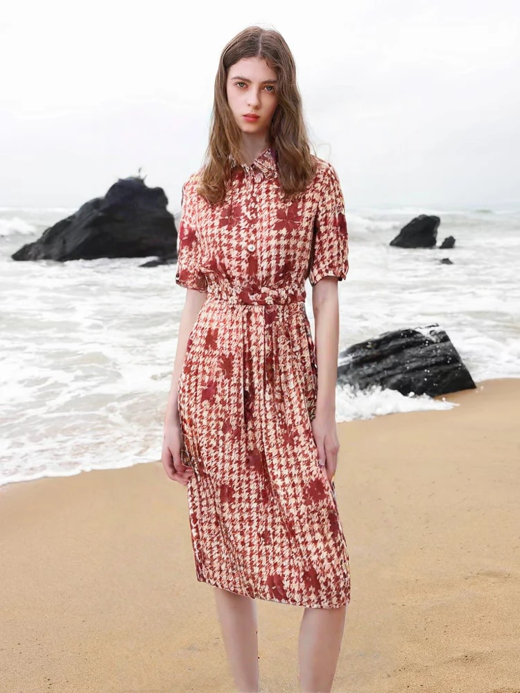 夏季高端气质复古桑蚕丝短袖衬衫绑带收腰连衣裙