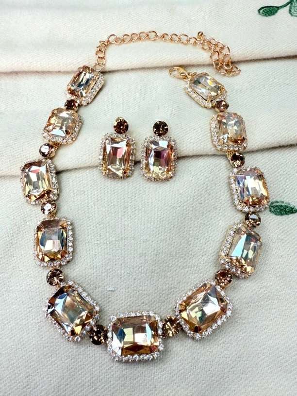 铜合金仿水晶项链 时尚香槟色水晶两件套