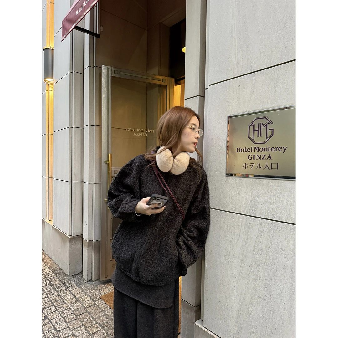 LelyMooch/冬季简约休闲颗粒感宽松纯色百搭半高领抽绳套头上衣