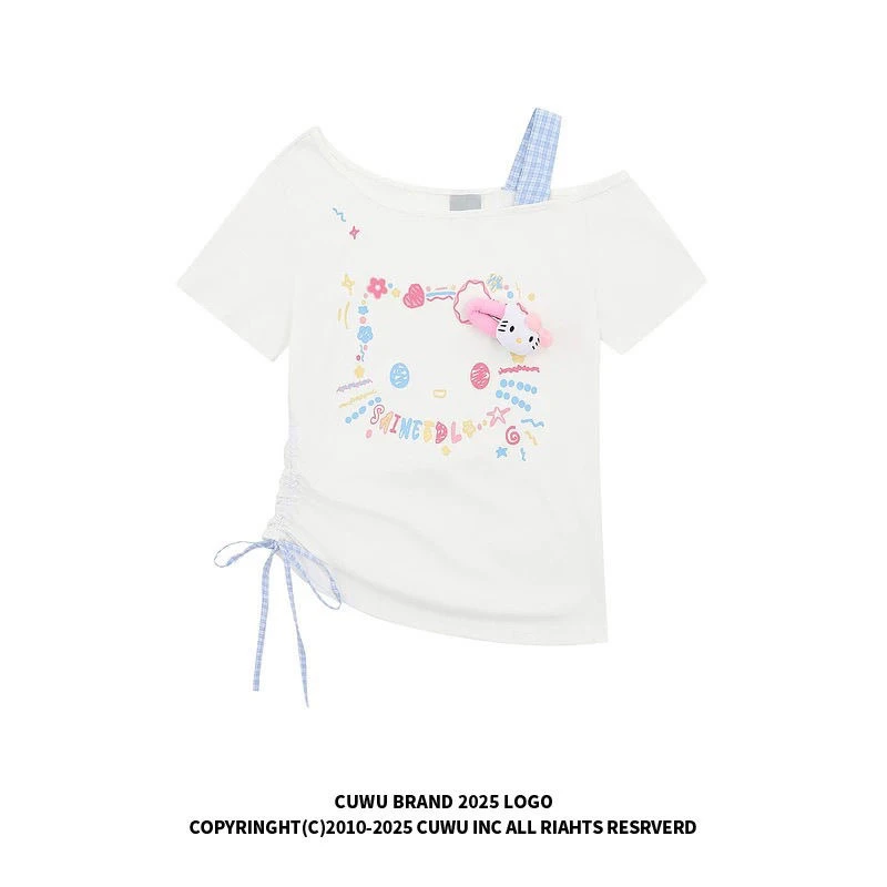 甜妹可爱卡通印花斜肩短袖T恤女夏季宽松显瘦独特漂亮减龄款上衣