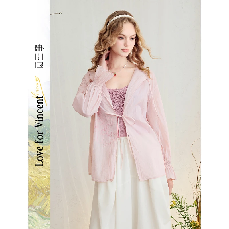 两三事梵高文艺霞云游踪小清新印花绑带粉色防晒衫