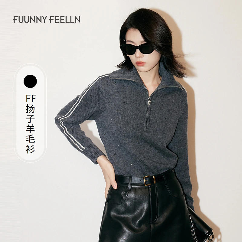 【扬子羊毛】FF仿佛冬季针织衫女绵羊毛翻领烫钻FZ01600