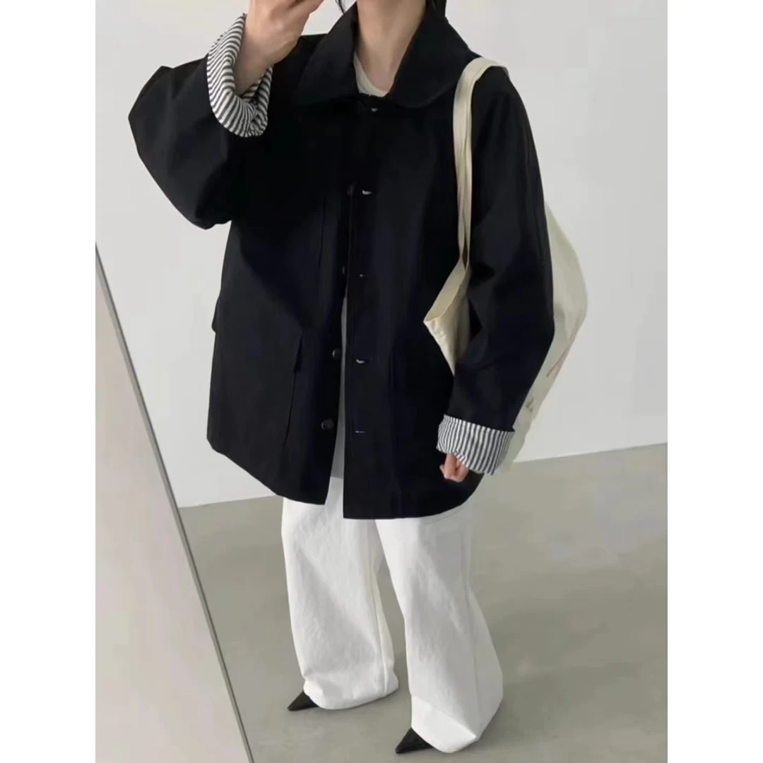 清七米 2400 春款韩版通勤复古条纹袖翻领宽松显瘦中长款风衣外套