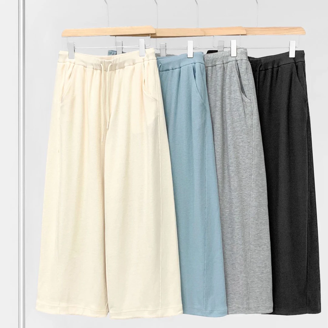 【华夫格长裤】高腰复古休闲阔腿遮肉显瘦直筒设计感休闲裤