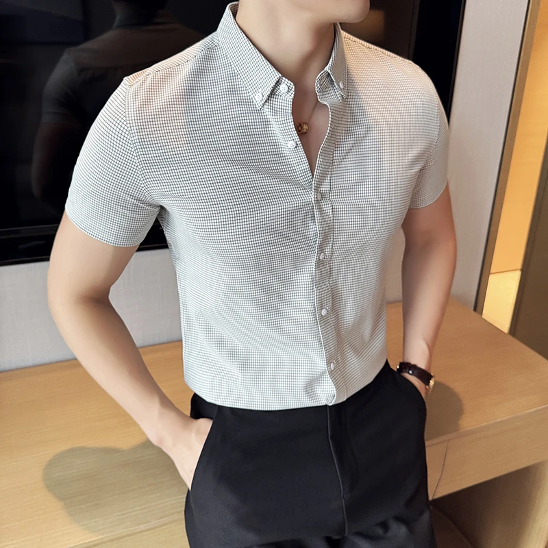 追属夏季薄款千鸟格短袖衬衫男士修身高级感时尚商务休闲格子衬衣