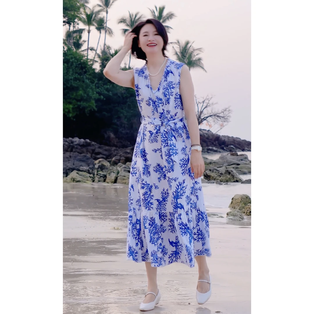 我是摩羯  珊瑚海 法国进口亚麻印花系带无袖春夏度假风连衣裙