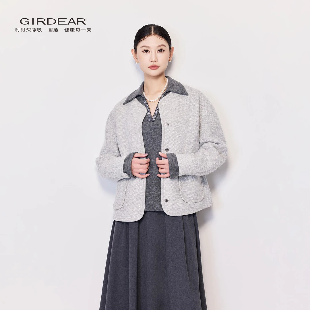 GIRDEAR/哥弟时尚休闲百搭圆领廓形短款毛呢外套--140067-7114341