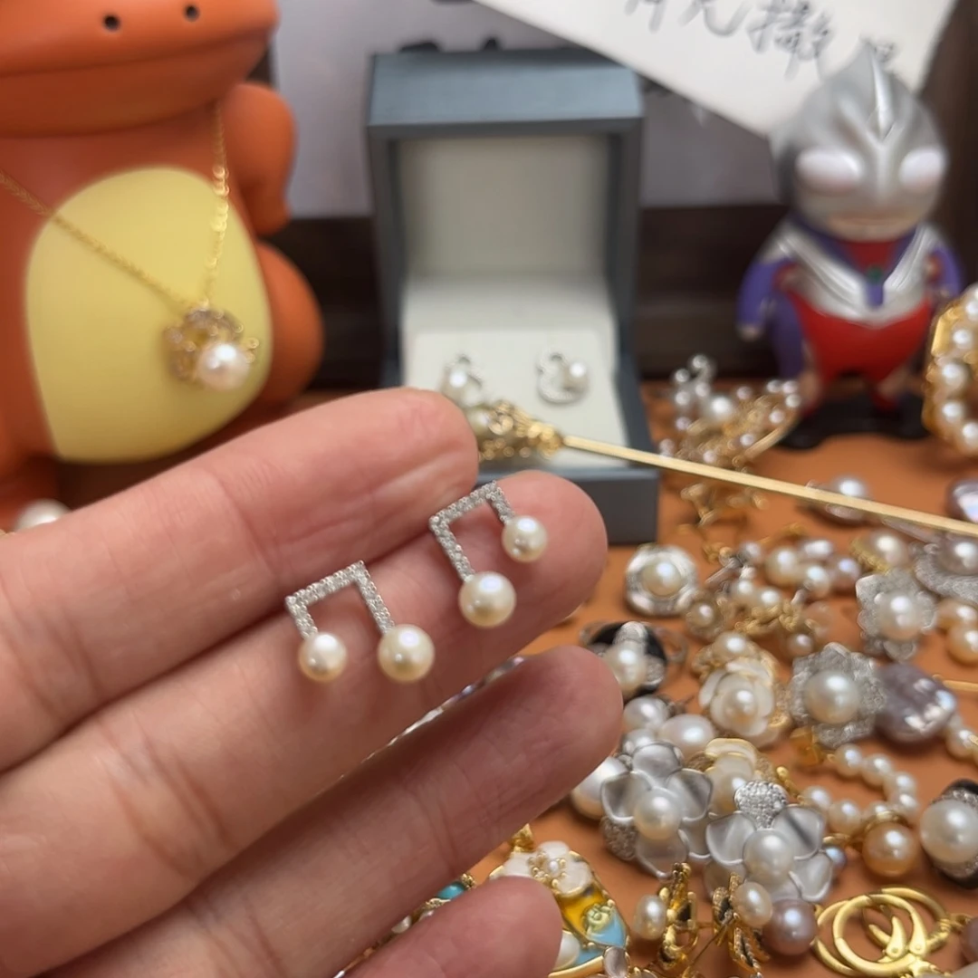 淡水珍珠手镯银S925镶嵌音符耳钉