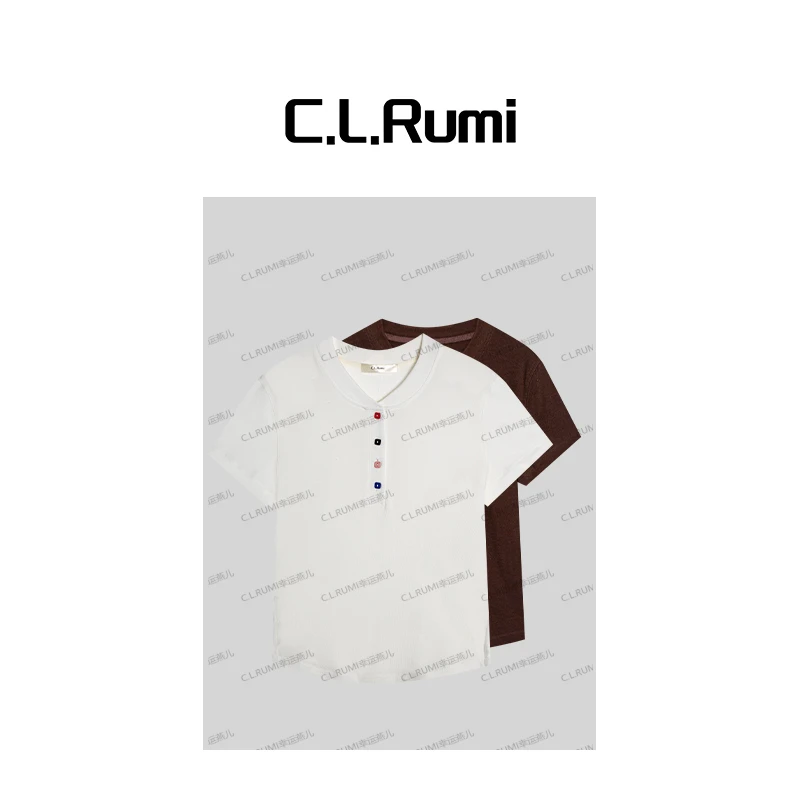 【Rumi小店】“糖豆朱古力”25夏薄款撞色扣弹力显瘦短袖T恤6863tx