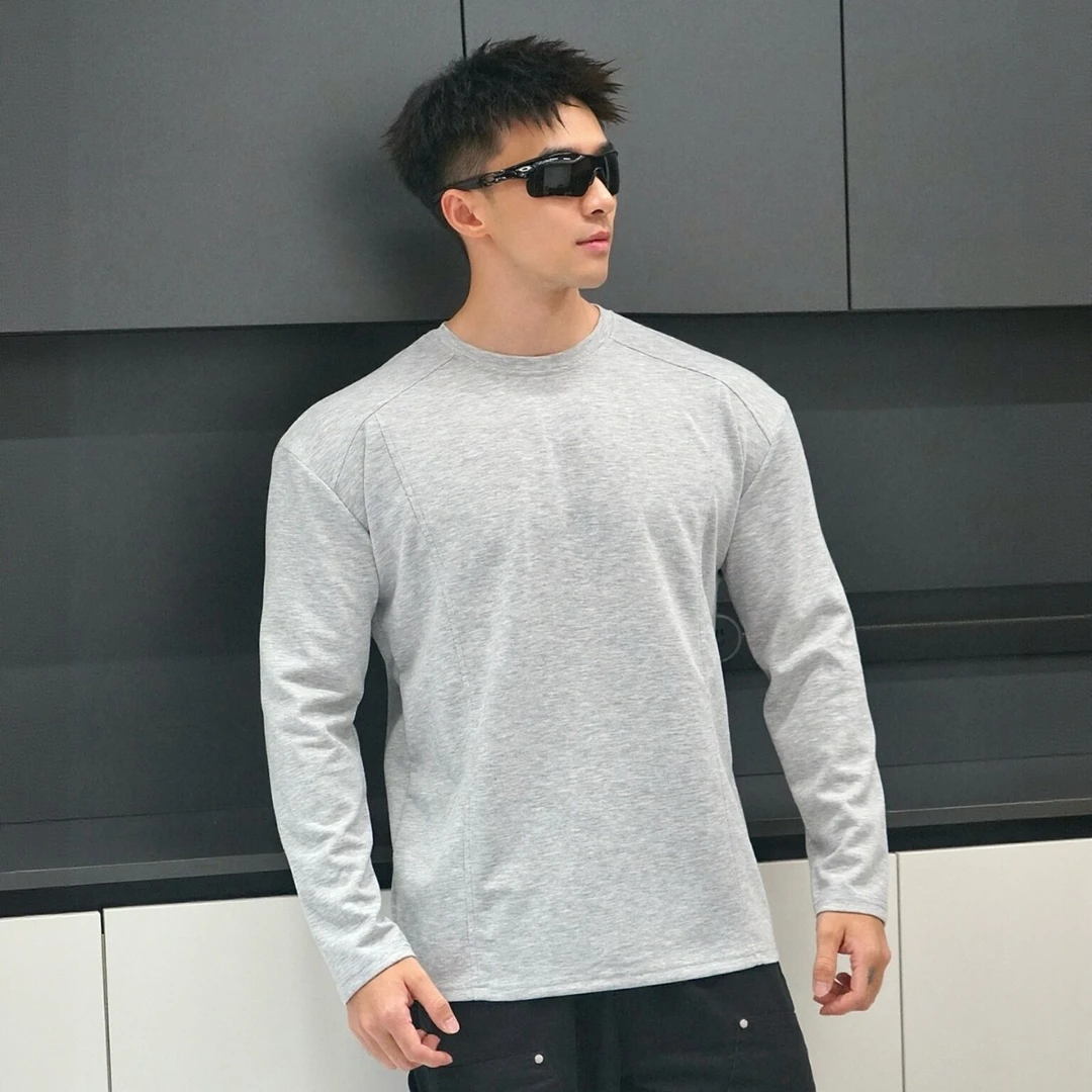 新款秋季撸铁肌肉健身运动圆领双肩线长袖抗皱显型打底衫t恤套头