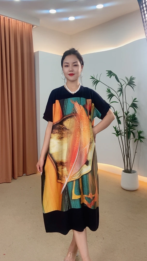 022号V领女装复古夏季气质优雅印花连衣裙显瘦气质大摆裙长款时尚