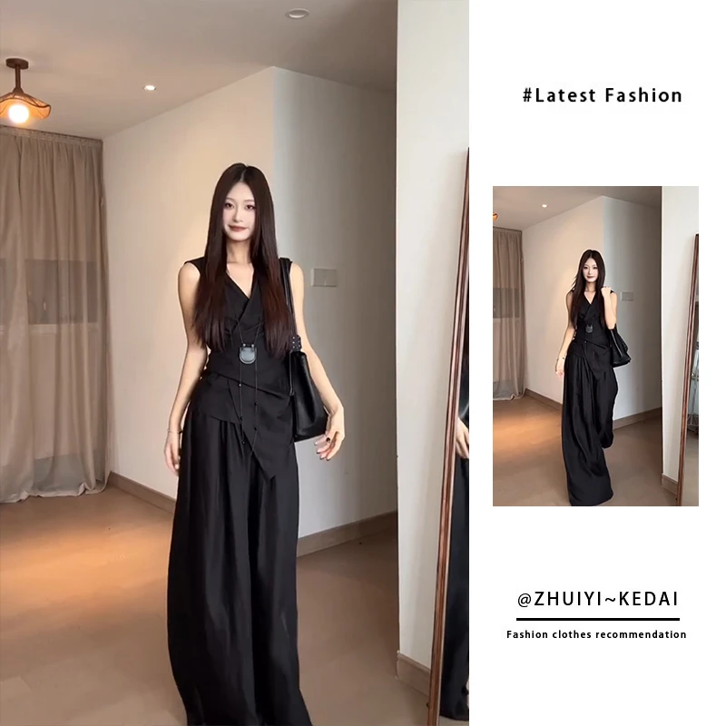 2025夏季新款气质一整套穿搭御姐气质修身显瘦黑色无袖马甲套装裤