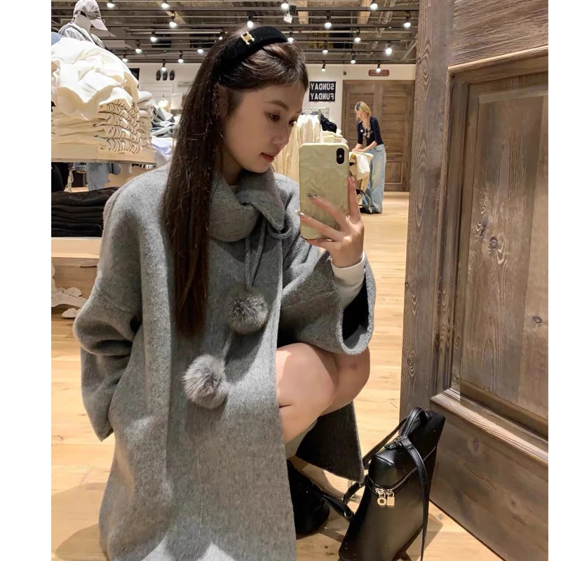 【25081】高级感灰色宽松廓形毛呢大衣女中长款毛呢外套