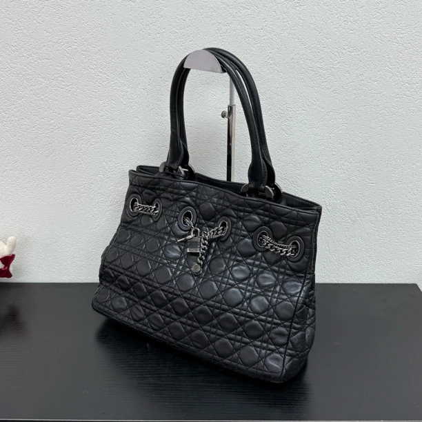 95新 DIOR/迪奥 黑色菱格戴妃托特单肩包 底长36 124266