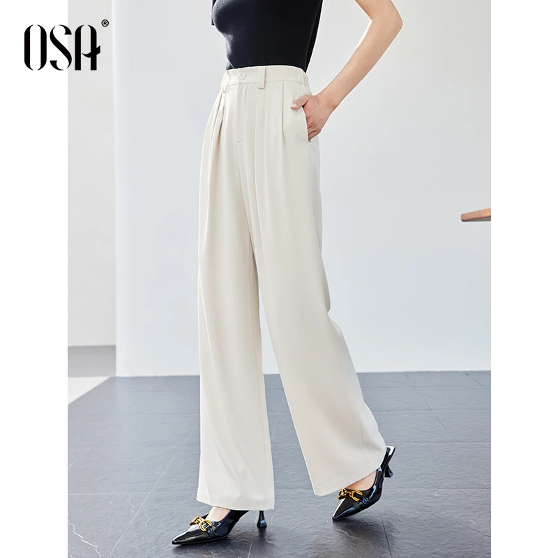 OSA/欧莎 杂志风直筒裤女宽松垂感松紧腰西装休闲裤S125B52005