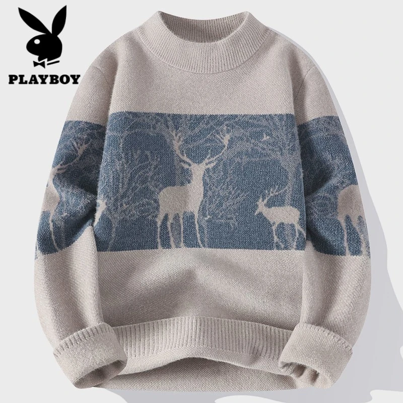 花花公子圆领男士秋冬季质感水貂绒线衣青少年学生加厚保暖针织衫