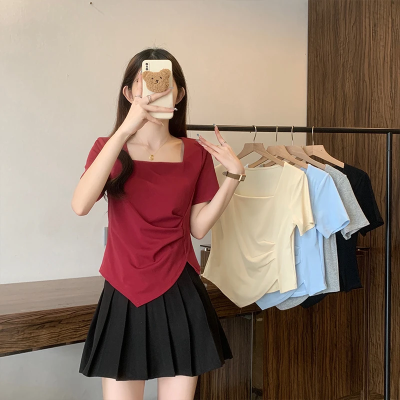 大码方领褶皱设计感不规则T恤女士夏季短袖胖MM宽松遮肚百搭上衣