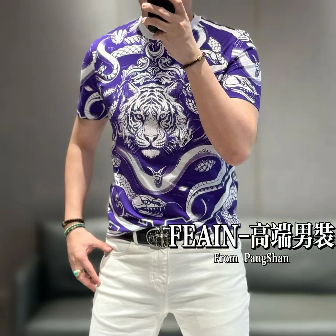 【雷迪·凯奇】蛇虎斗直喷印花奥钻点缀工艺进口男士短袖T恤056