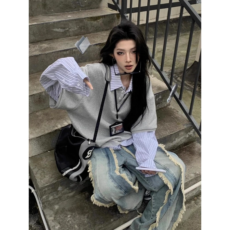 灰色条纹拼接假两件卫衣男款秋季亨利翻领Polo衫美式cleanfit外套